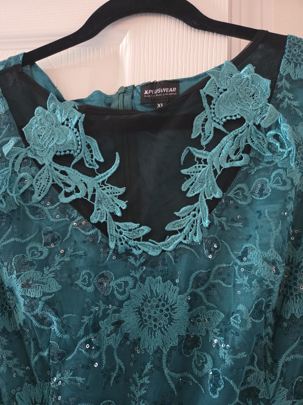 Vintage Teal Lace Bodice with Black Tulle Long Sleeve Midi Dress - Picture 4 of 7